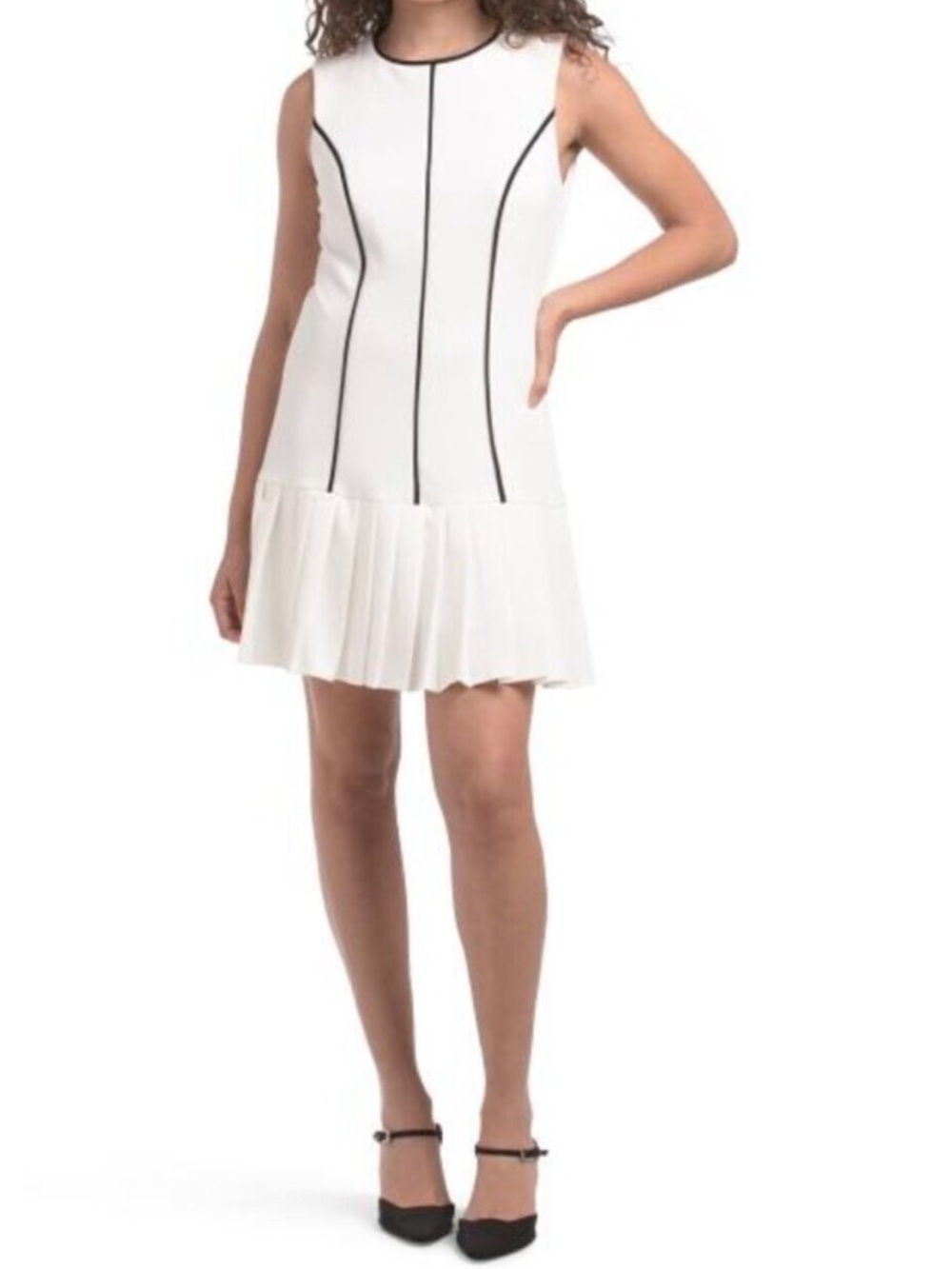LONDON TIMES Sleeveless Contrast Piped Pleated Mini Dress